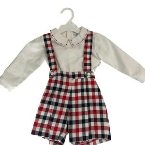 Luli & Me Baby Boys Red Navy Plaid Suspender Shorts Shirt Set 6M‎ Holiday New